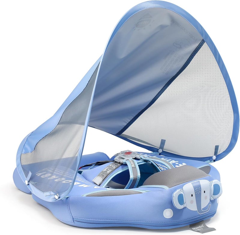 28°C Mambobaby Baby Swim Float with Canopy & Tail Infant Pool Float Non-Inflatable Toddler Swim Float with Skin-Friendly Material for 3-24 Months Baby Boys Grils Elephant Blue - Image 1